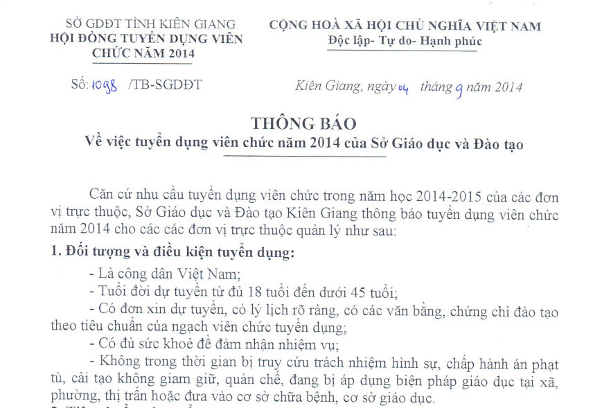 Thông báo tuyển dụng viên chức năm 2014 của Sở GDĐT Kiên Giang