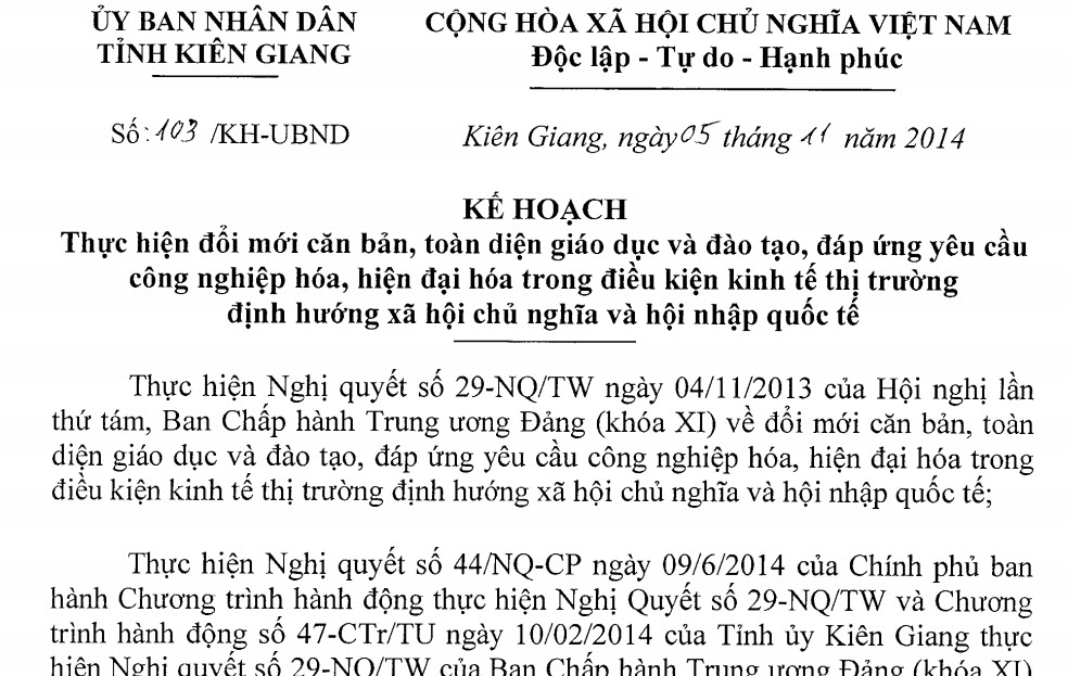 Kế hoạch thực hiện Nghị quyết số 29-NQ/TW của UBND tỉnh Kiên Giang