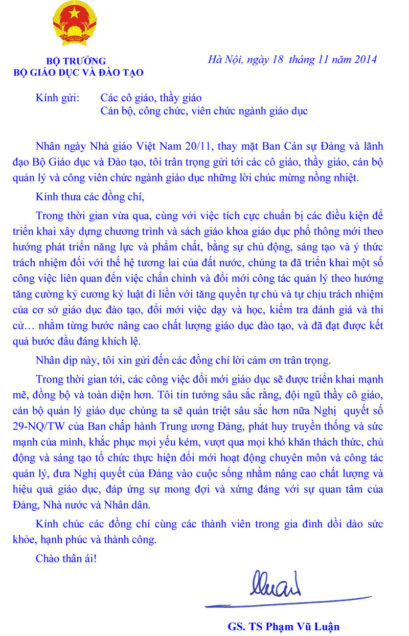 Thư của Bộ trưởng Bộ Giáo dục và Đào tạo gửi các Cô giáo, Thầy giáo, cán bộ, công chức, viên chức ngành giáo dục